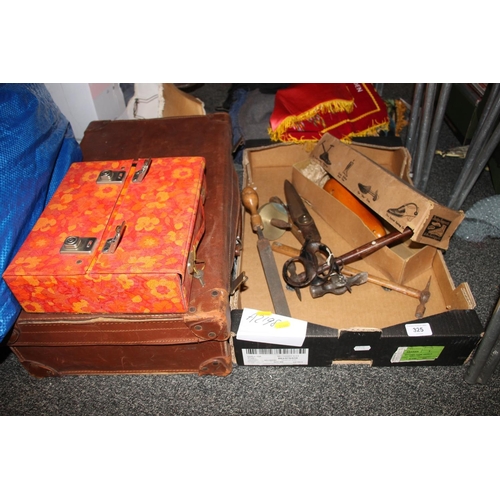 325 - Vintage tools to include chisel, hammer boxed shoe tree, suitcase, etc.