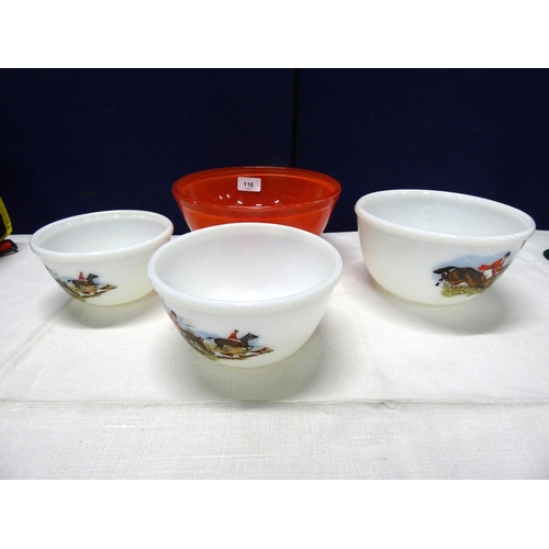 116 - Three Pyrex bowls depicting horsemen and another (4)