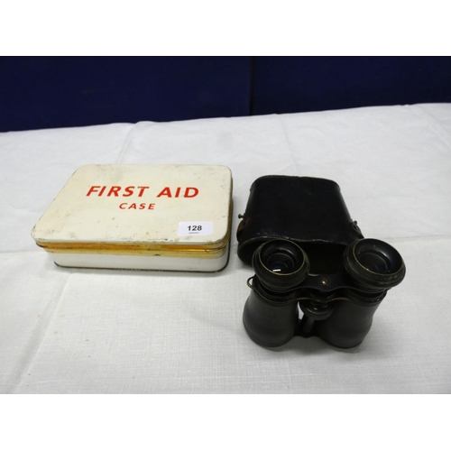 128 - Vintage first aid kit and a pair of binoculars.