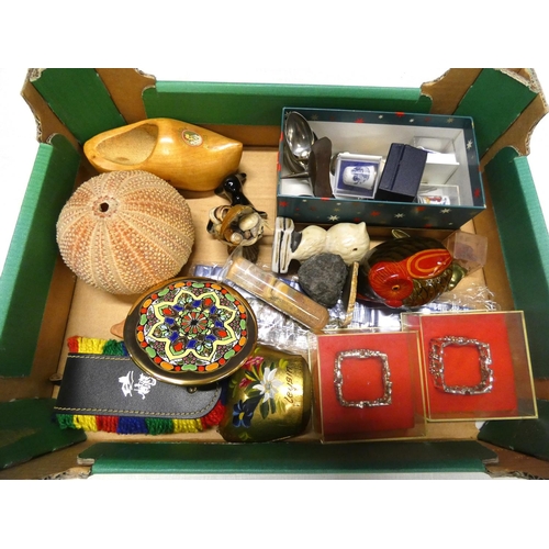 130 - Box of various curios to include thimbles, spoons, napkin rings etc.