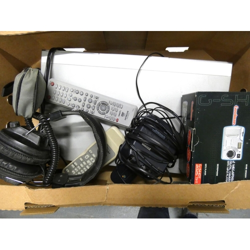 134 - Box of electricals to include DVD player, cameras.