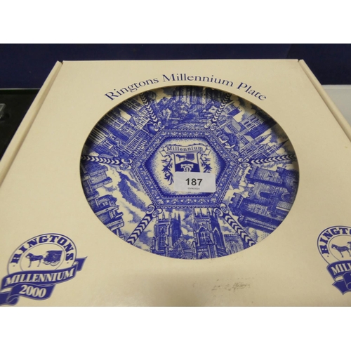 187 - Ringtons Millennium plate, stationery set and mugs etc