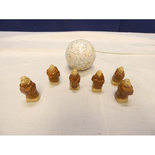 195 - Set of six vintage Wade KP friars and ceramic carpet ball.