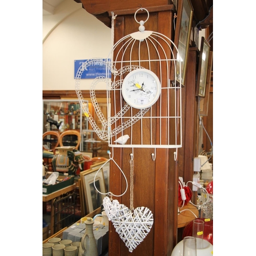 84 - Shabby Chic wire work wall clock in the form of birdcage and other wire work wall ornaments.