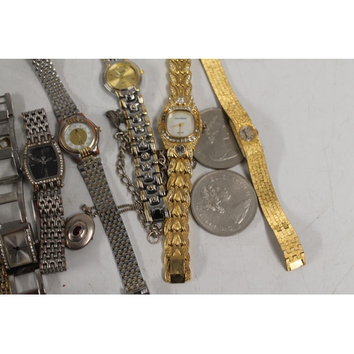 528 - Selection of ladies dress watches, costume jewellery and two commemorative crowns.