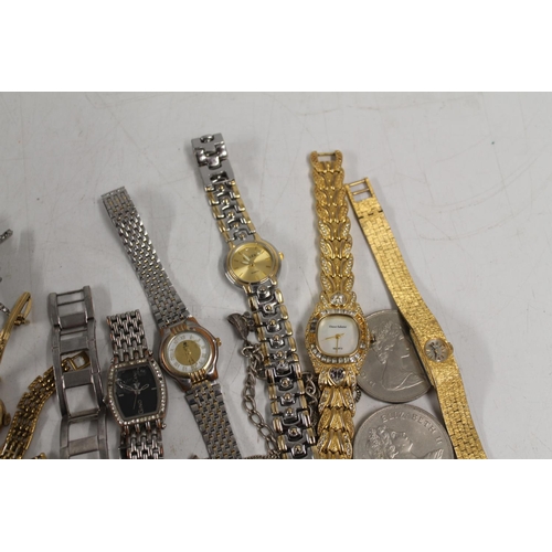 528 - Selection of ladies dress watches, costume jewellery and two commemorative crowns.