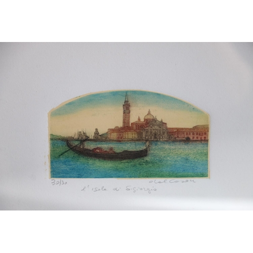 389 - Gondolier and the island of San Giorgio, coloured etching, Indistinctly signed,  no 30/30. Blin... 