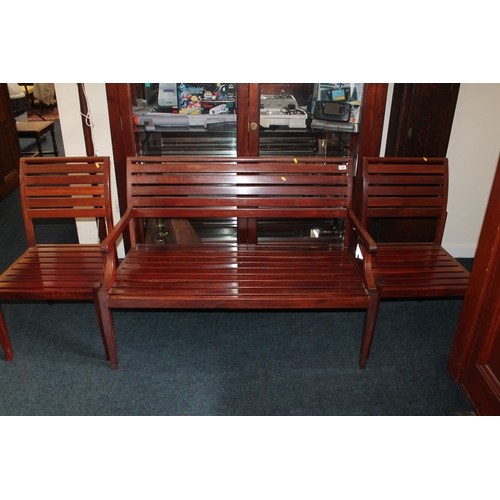 639 - Wooden garden bench with two matching chairs