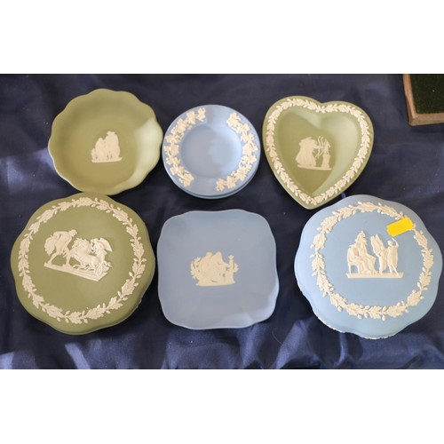 71A - Wedgwood green and blue jasperware to include candy boxes, dishes, etc.