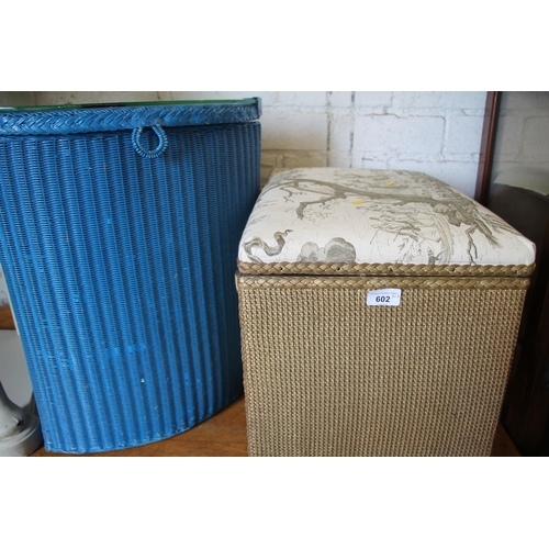 602 - Lloyd Loom style cushion stool and a Lloyd Loom style laundry basket.