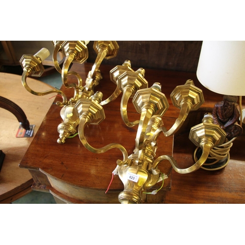 623 - Pair of brass electric wall sconces.