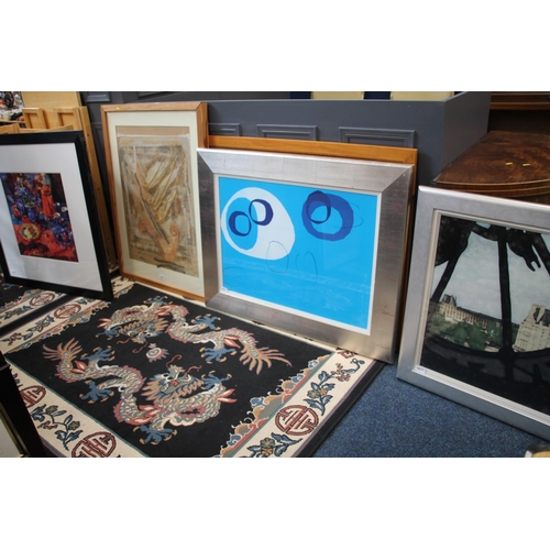 487 - Four large format framed art prints and a textile abstract panel. (5)