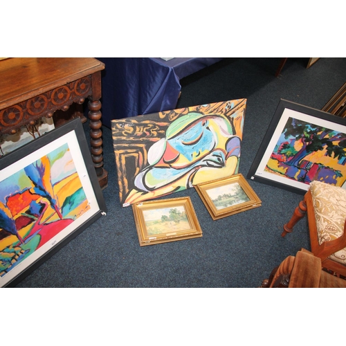 493 - GERRY BAPTIST, two art prints, a PICASSO canvas print and two H H PARKER prints. (5)