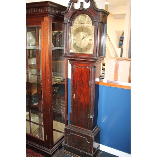 638 - Long case clock, brass face engraved for McGibbon off Dumfries