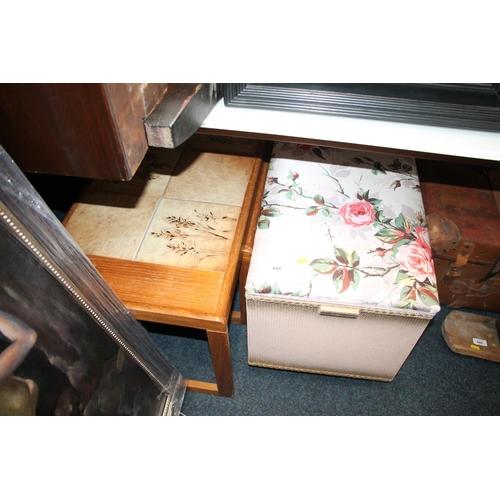 645 - Two tile top coffee tables and a Lloyd loom style basket