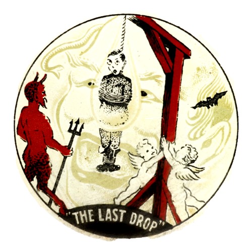 Silver-plated tankard with glass base painted with the last drop devil's hangman scene.