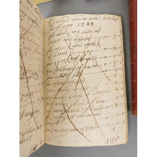 105 - Manuscript Accounts Books.  Mid 18th century limp vellum notebook of agricultural accounts; another ... 