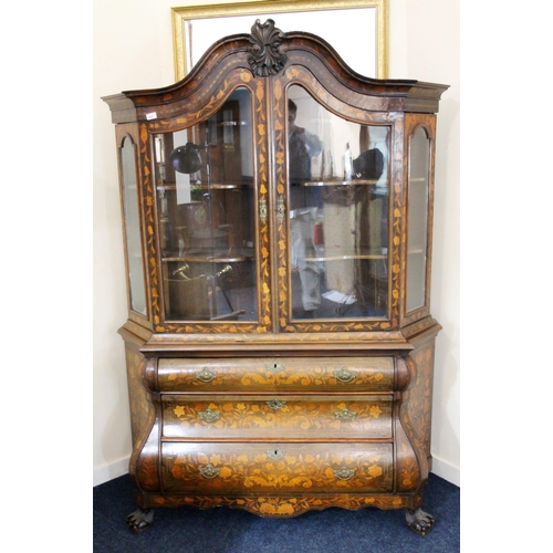 1000 - Dutch walnut bombe display cabinet, 19th century, the swan neck pediment with central belted acanthu... 