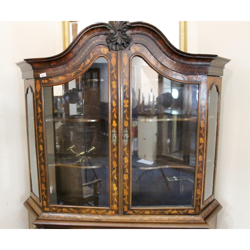 1000 - Dutch walnut bombe display cabinet, 19th century, the swan neck pediment with central belted acanthu... 