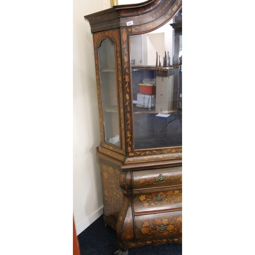 1000 - Dutch walnut bombe display cabinet, 19th century, the swan neck pediment with central belted acanthu... 