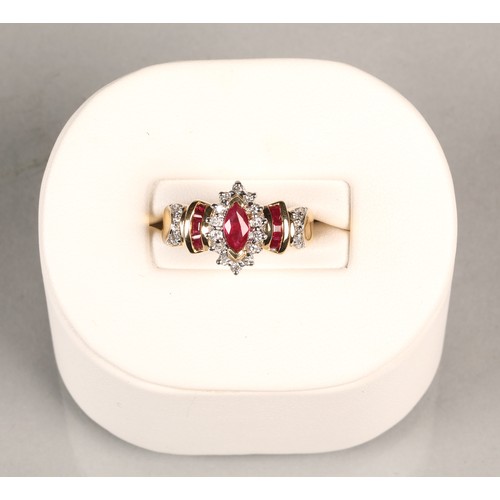 169 - Ladies 14k gold diamond and ruby ring, ring size L/M.