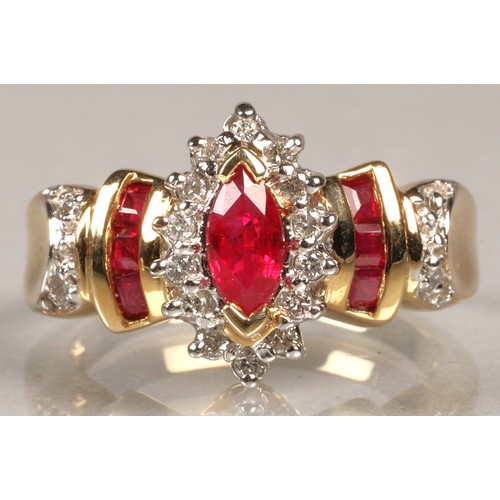 169 - Ladies 14k gold diamond and ruby ring, ring size L/M.