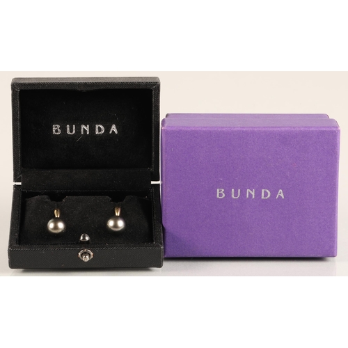 170 - Ladies pair of Bunda cultured pearl earrings, set in 18ct yellow gold.