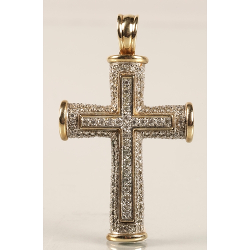 174 - 9ct white and yellow gold mounted diamond encrusted cross pendant, 13 grams.