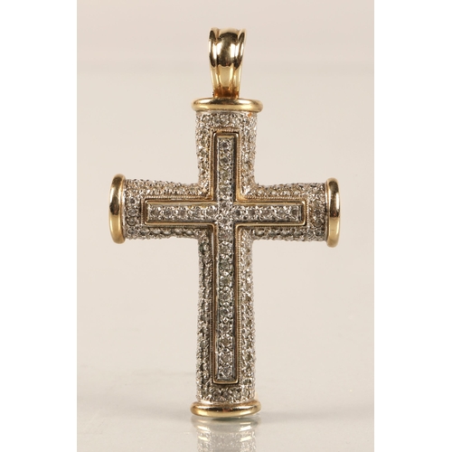 174 - 9ct white and yellow gold mounted diamond encrusted cross pendant, 13 grams.