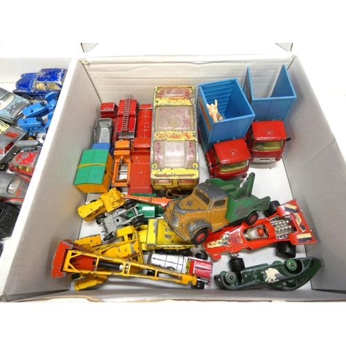 225 - Two boxes of die cast cars to include Chipperfields, Corgi, Dinky etc.