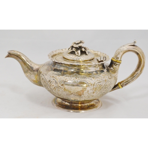 39 - Silver teapot of hemispherical shape, engraved with scrolls, by IJ Keith, London 1836, 544g.