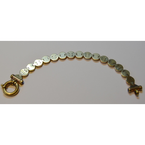 138 - 9ct coloured gold bracelet with hinged button links, 17.4g.