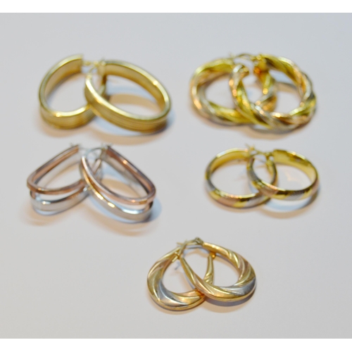 140 - Five pairs of 9ct gold hoop-style earrings, various, 20.4g gross.