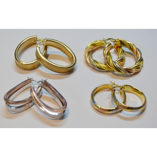 140 - Five pairs of 9ct gold hoop-style earrings, various, 20.4g gross.