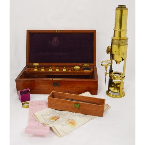 203 - 19th century field barrel brass microscope, unsigned, with accessories and related paperwork, in a f... 