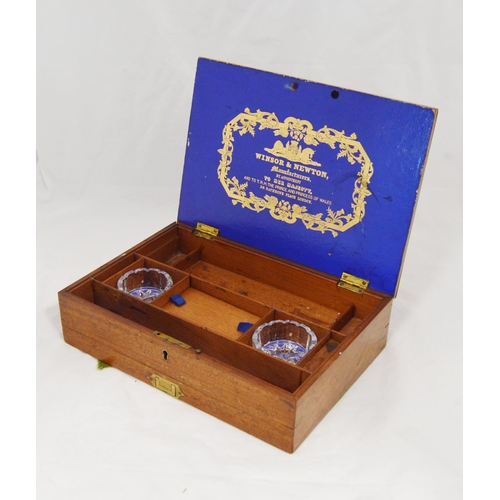 213 - Winsor & Newton mahogany artist's paint box, 19th century, the hinged cover with gilt printed la... 