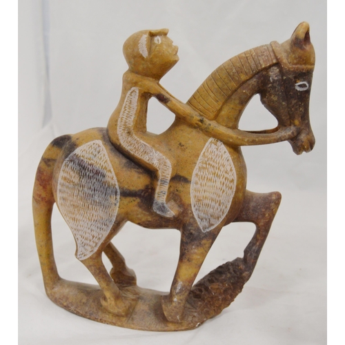 307 - Three carved soapstone Mbigou stone sculptures, origin Gabon, Africa, modelled as riders on horsebac... 