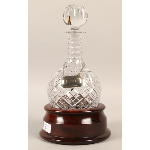 8 - Cut glass port decanter with wooden stand