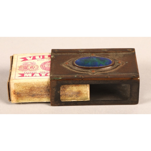 217 - Brass toned Arts and Crafts Ruskin style matchbox cover with blue green cabochon design