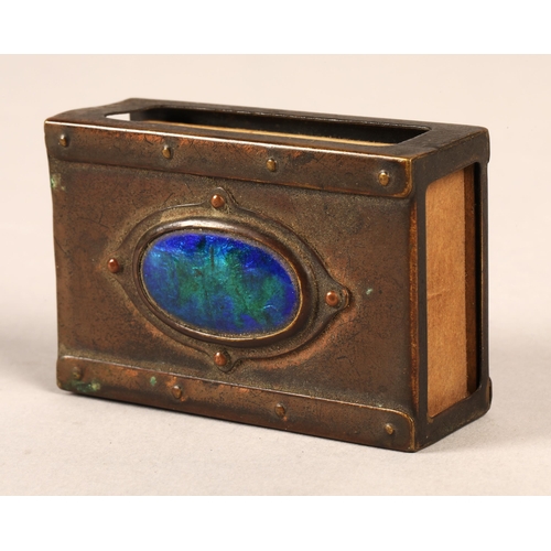 217 - Brass toned Arts and Crafts Ruskin style matchbox cover with blue green cabochon design