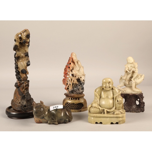 242 - Five pieces of oriental soapstone carvings including hippo, Buddha, etc