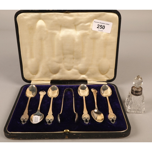 250 - Cased set of silver tea spoons and tongs with art nouveau design handles, hallmarked 1908 gross weig... 