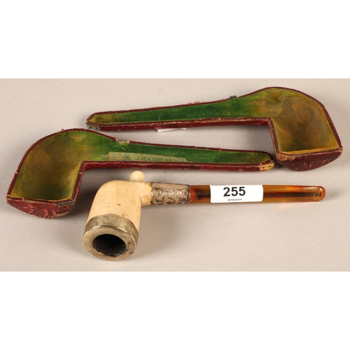 255 - Cased meerschaum style pipe with white metal detail