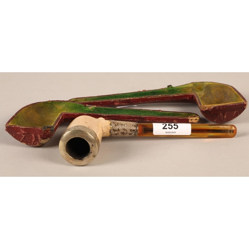 255 - Cased meerschaum style pipe with white metal detail