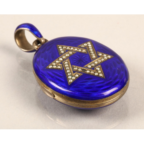 62 - Blue enamelled white metal mourning locket with seed pearl set Star of David design, lock of blonde ... 