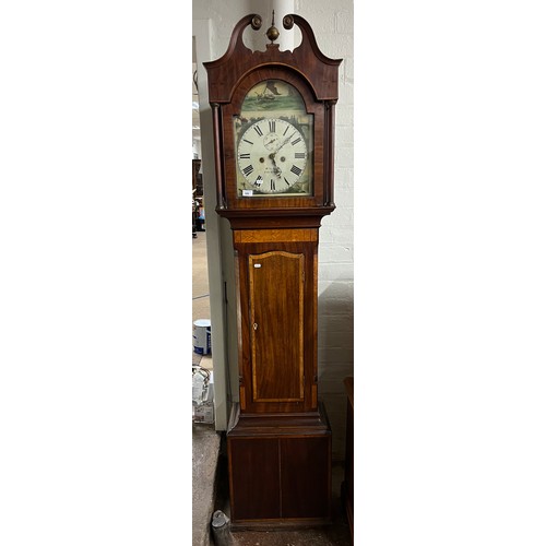 586 - Inlaid mahogany longcase clock, dial inscribed 'Wilson, Guisboro', 218cm high