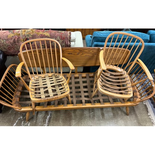 611 - Ercol three seater settee & four matching open armchairs, settee arm to arm measures approx. 80