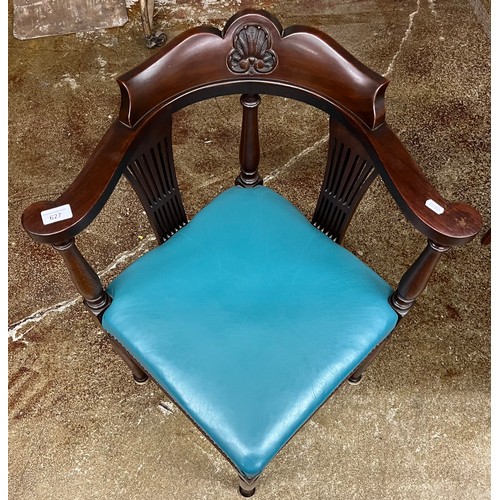 627 - Mahogany corner chair with blue leather upholstery