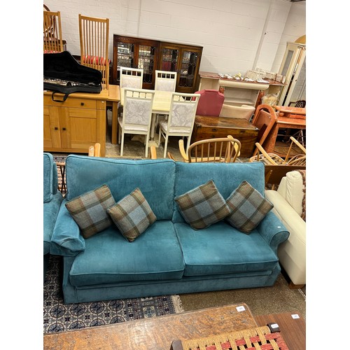 632 - Two two-piece contemporary settees in blue upholstery with tartan armchair, matching foot stool and ... 