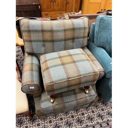 632 - Two two-piece contemporary settees in blue upholstery with tartan armchair, matching foot stool and ... 